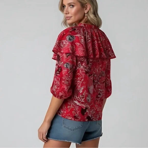 Paisley & Floral Print  Lace Up Front Ruffle Trim Blouse - Picture 2 of 4